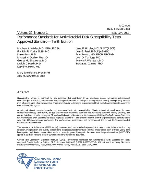 CLSI M02-A10, M07-A8, M100-S19 Package pdf