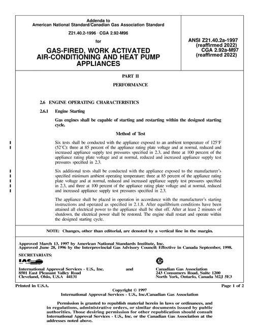 CSA ANSI Z21.40.2a-1997 (R2022)/CGA 2.92a-M97PD (R2022) pdf